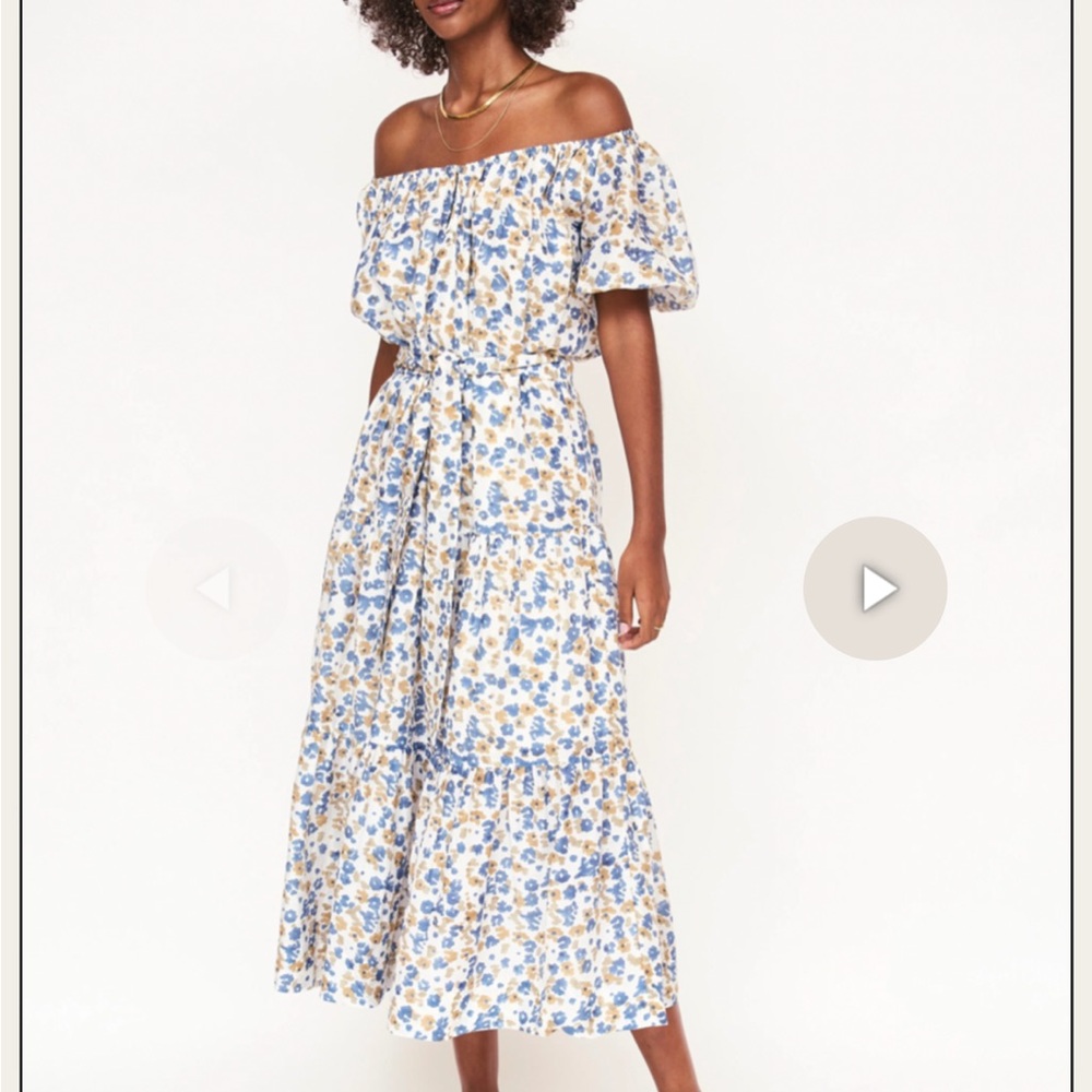 Off-Shoulder Blue and Cream Floral Midi Dress